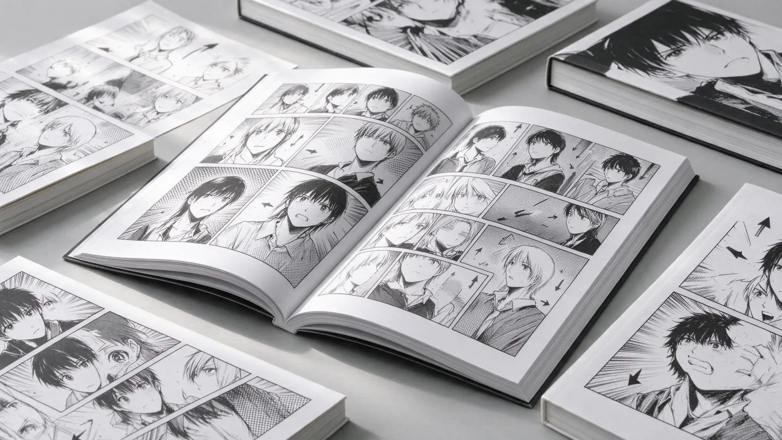Ảnh minh hoạ Manga: một trang manga tự vẽ đen trắng với khung, tone lưới, đường tốc độ và mũi tên chỉ chiều đọc