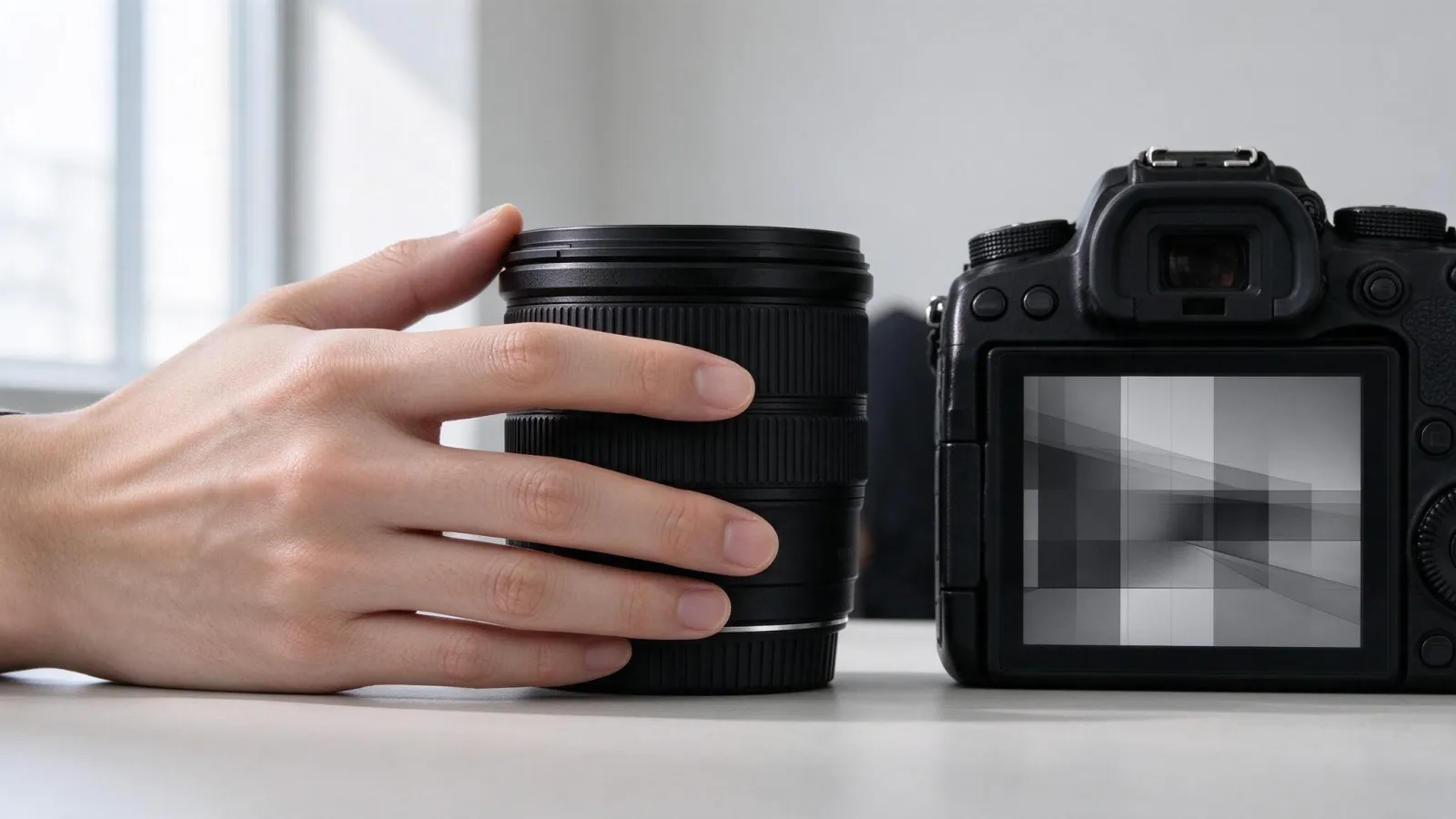 Ảnh minh hoạ Lấy nét tay (manual focus, MF): tay xoay vòng lấy nét trên ống kính, kèm màn hình máy ảnh phóng đại vùng nét