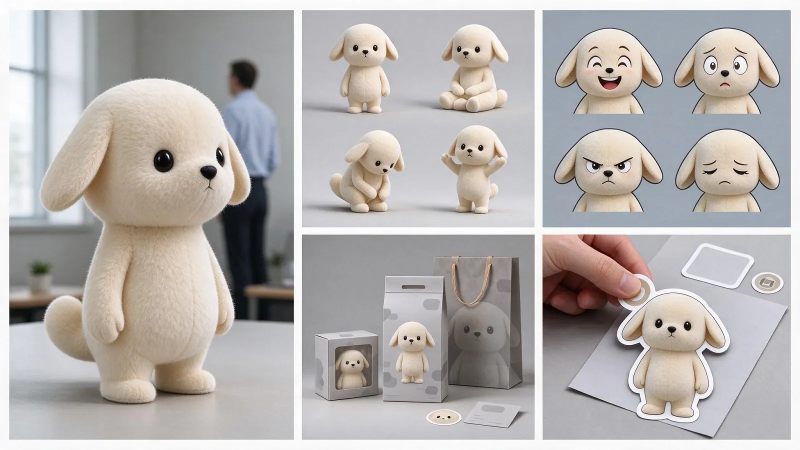 Ảnh minh hoạ Mascot (linh vật): một mascot giả định với bảng tư thế và biểu cảm (character sheet) và ví dụ dùng trên bao bì và sticker