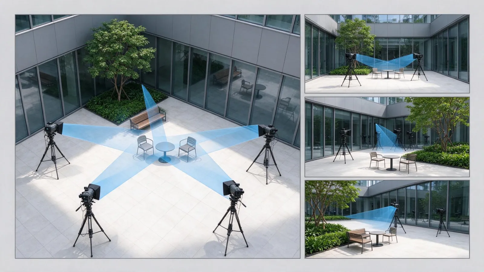 Ảnh minh hoạ Cảnh tổng (master shot) và coverage: sơ đồ bối cảnh nhìn từ trên với vị trí máy cho master shot và ba vị trí coverage, kèm khung hình mẫu mỗi góc