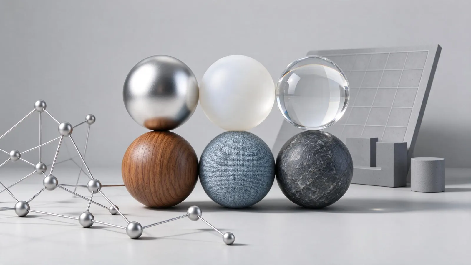 Ảnh minh hoạ Material (vật liệu 3D): một quả cầu với 6 vật liệu khác nhau (kim loại, nhựa, kính, gỗ, vải, đá) và sơ đồ node đơn giản