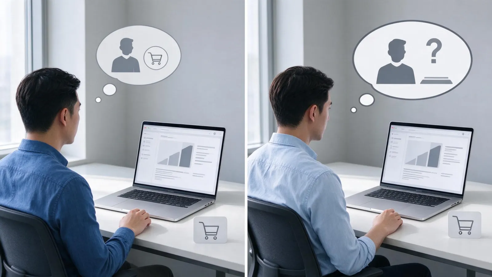 Ảnh minh hoạ Mô hình tư duy (mental model): hai giao diện: một đặt giỏ hàng đúng chỗ quen thuộc, một đặt lạ gây nhầm, kèm bong bóng suy nghĩ của người dùng