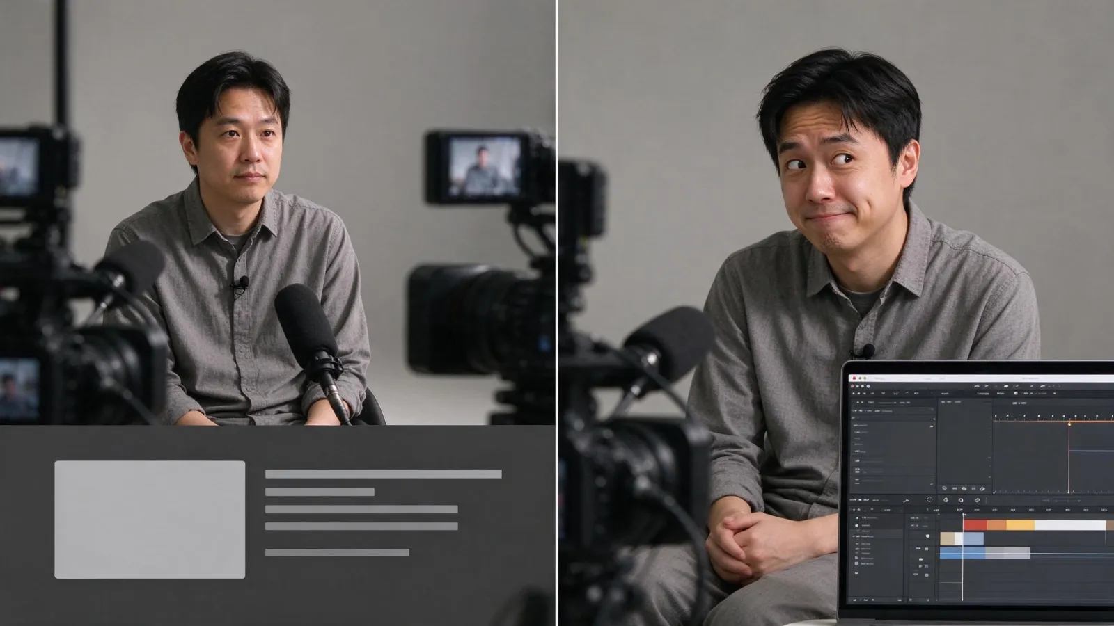 Ảnh minh hoạ Phim giả tài liệu (mockumentary): hai khung hình: một cảnh phỏng vấn riêng có lower third tên nhân vật và một cảnh nhân vật liếc nhìn máy quay