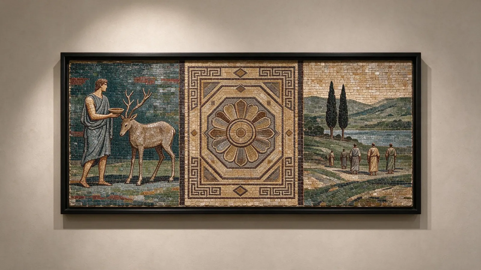Ảnh minh hoạ Mosaic (khảm): một chi tiết tranh khảm cổ (ảnh public domain), một ảnh áp hiệu ứng mosaic, và một photo mosaic