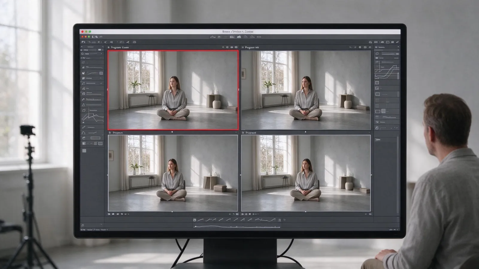 Ảnh minh hoạ Dựng đa máy (multicam editing): ảnh chụp màn hình Program Monitor chế độ Multi-Camera với bốn góc máy, một góc đang được chọn viền đỏ