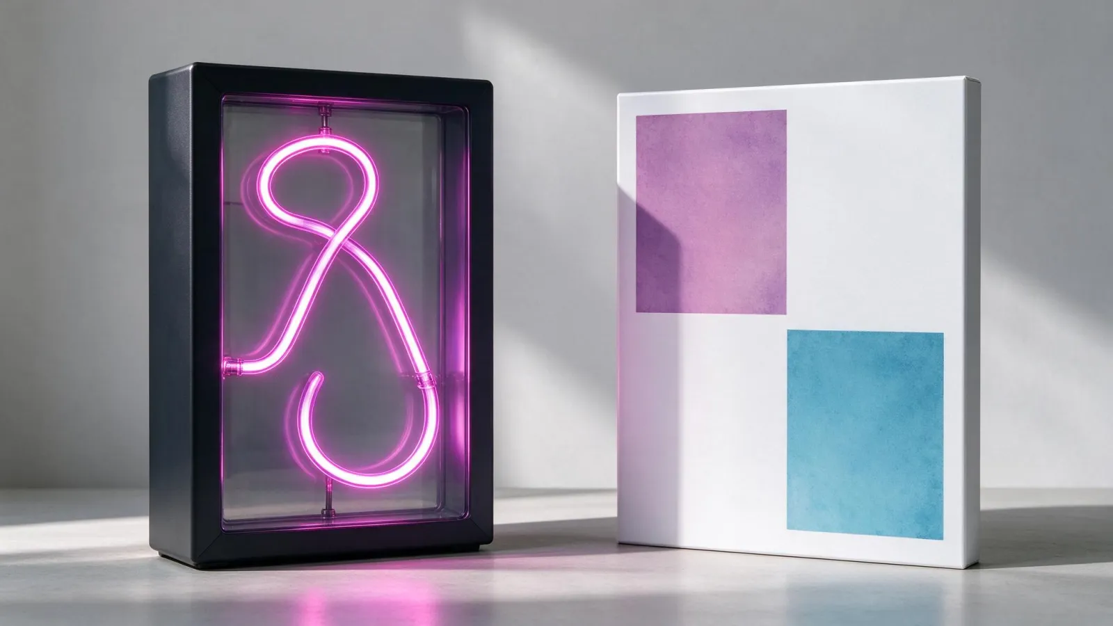 Ảnh minh hoạ Màu neon: chữ neon phát sáng trên nền tối, kèm so sánh cùng màu in CMYK bị xỉn