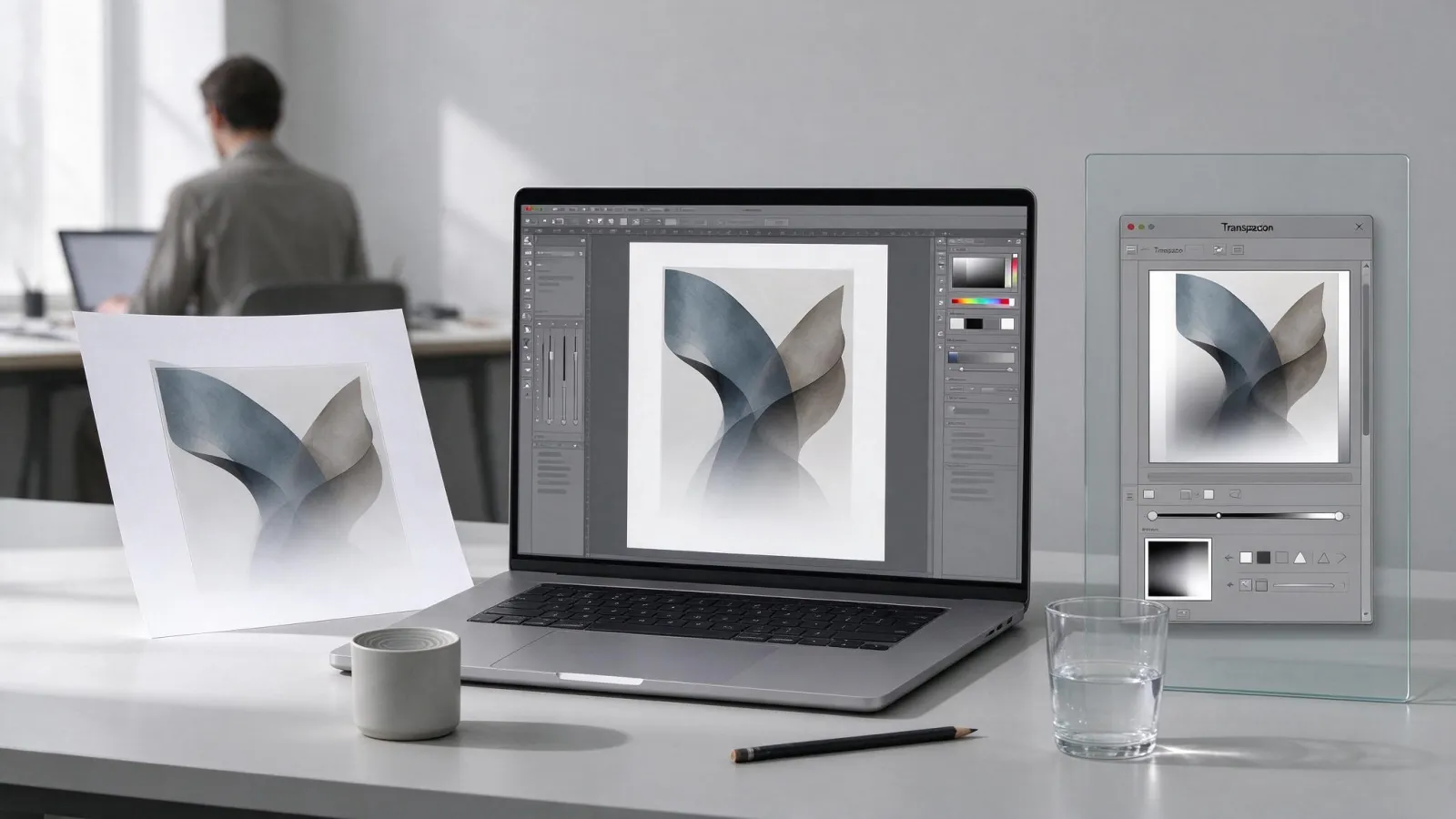 Ảnh minh hoạ Opacity mask (Illustrator): một ảnh trong Illustrator mờ dần xuống dưới nhờ opacity mask gradient, kèm bảng Transparency