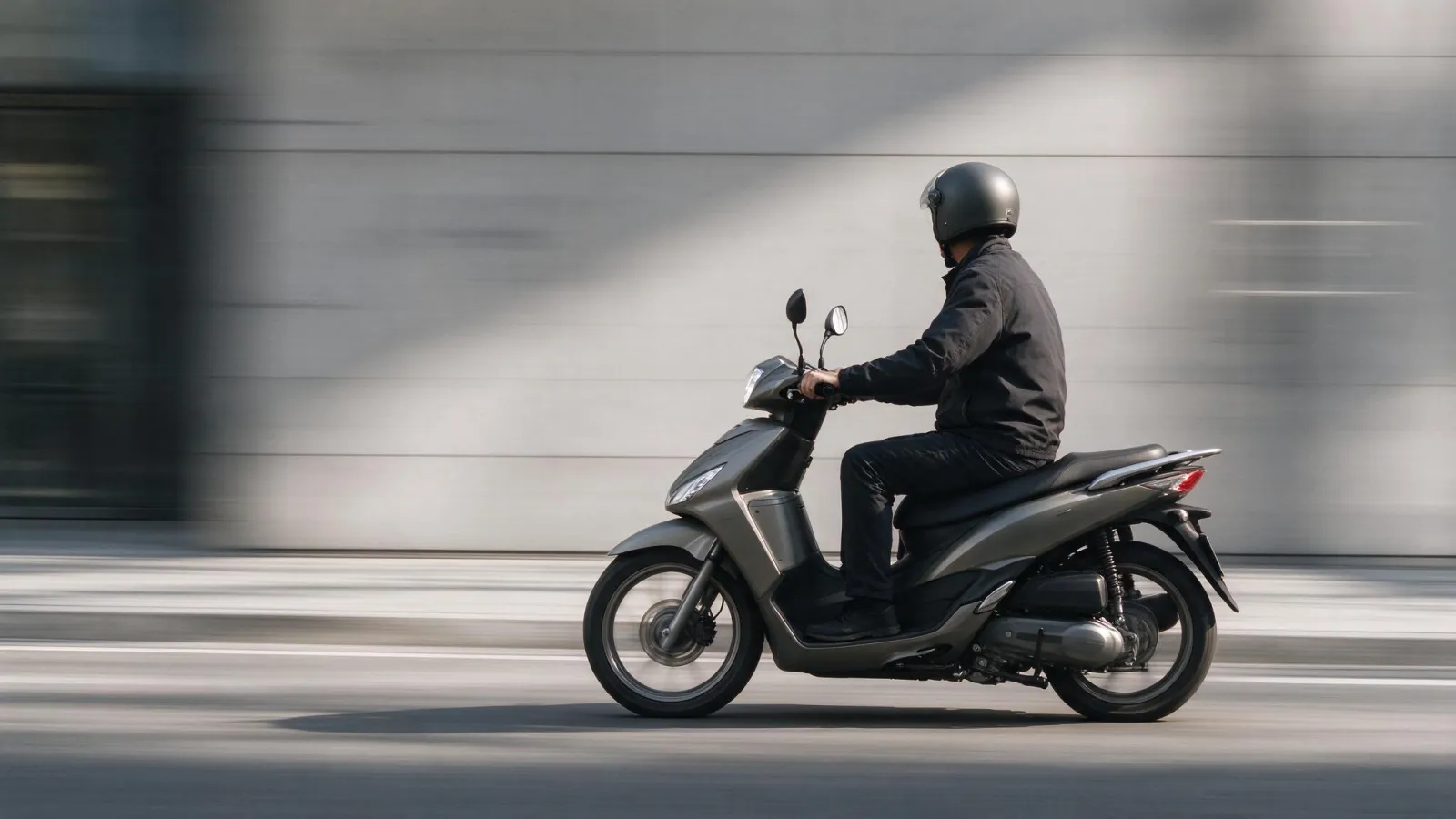 Ảnh minh hoạ Chụp lia máy (panning): ảnh một xe máy đang chạy rõ nét, nền phía sau nhoè thành vệt ngang, kèm mũi tên chỉ hướng lia máy