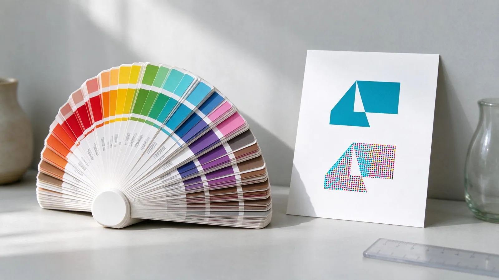 Ảnh minh hoạ Pantone: ảnh quạt màu Pantone mở ra, một logo in bằng màu Pantone và cùng logo in CMYK để so sánh