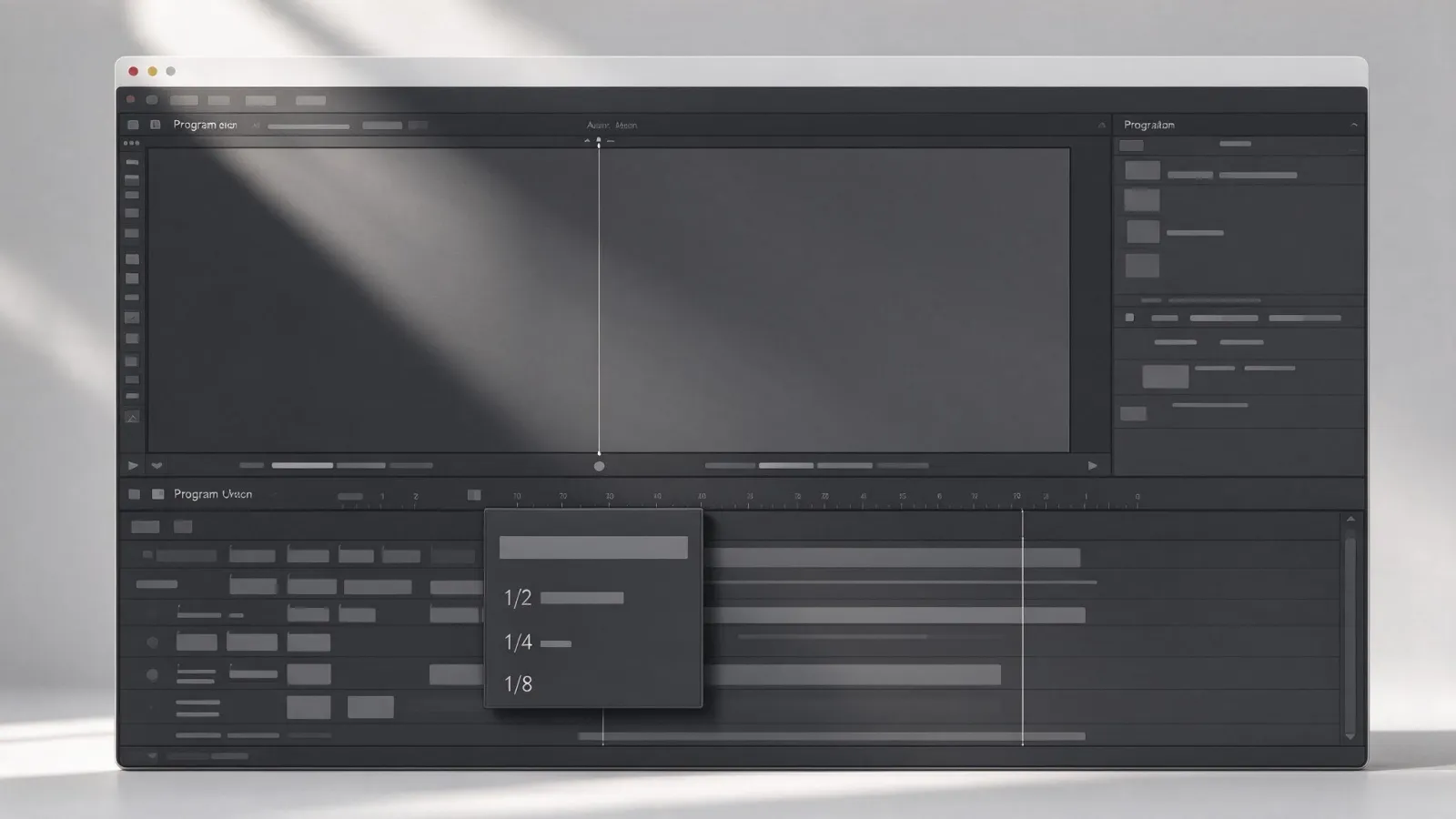 Ảnh minh hoạ Playback Resolution (độ phân giải xem trước): ảnh chụp màn hình góc dưới Program Monitor với menu thả xuống Full, 1/2, 1/4, 1/8 đang mở