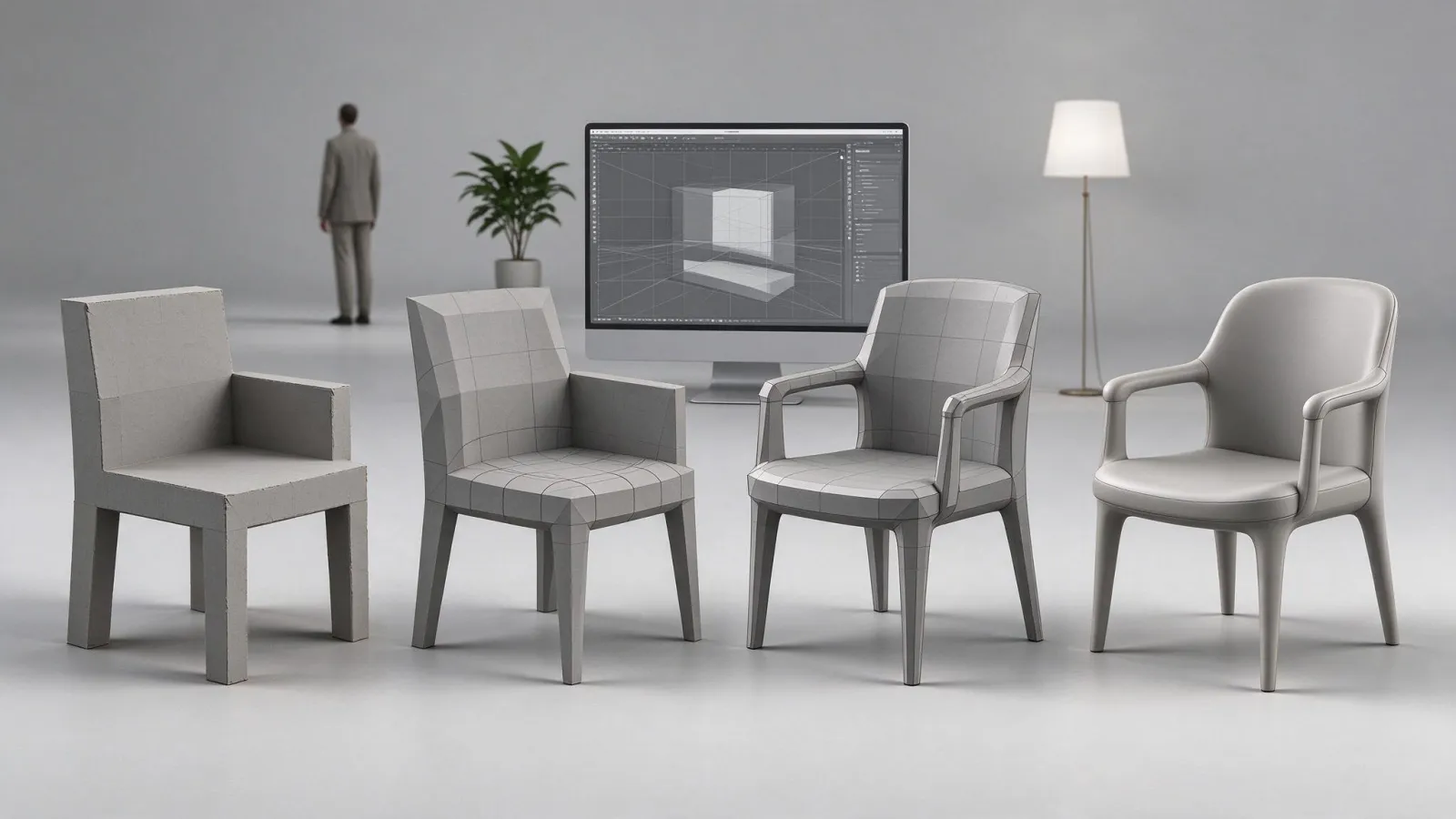 Ảnh minh hoạ Dựng hình đa giác (polygon modeling): một chiếc ghế được dựng từ khối hộp qua 4 bước extrude, loop cut, bevel, subdivision