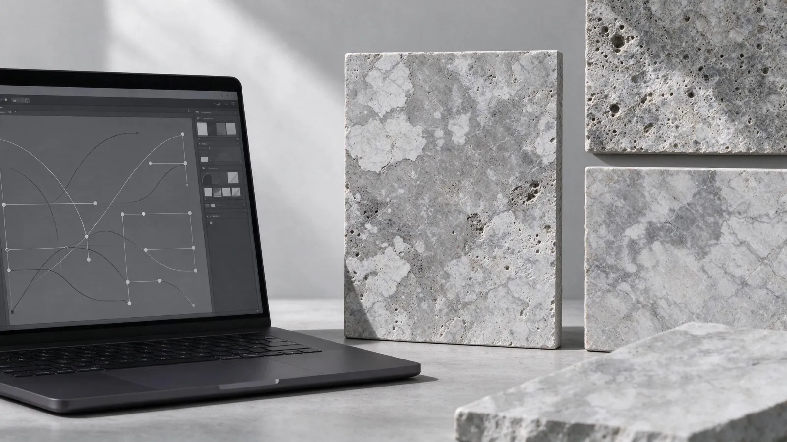 Ảnh minh hoạ Procedural (tạo theo quy trình): một texture đá tạo bằng node noise và ba biến thể khi đổi thông số