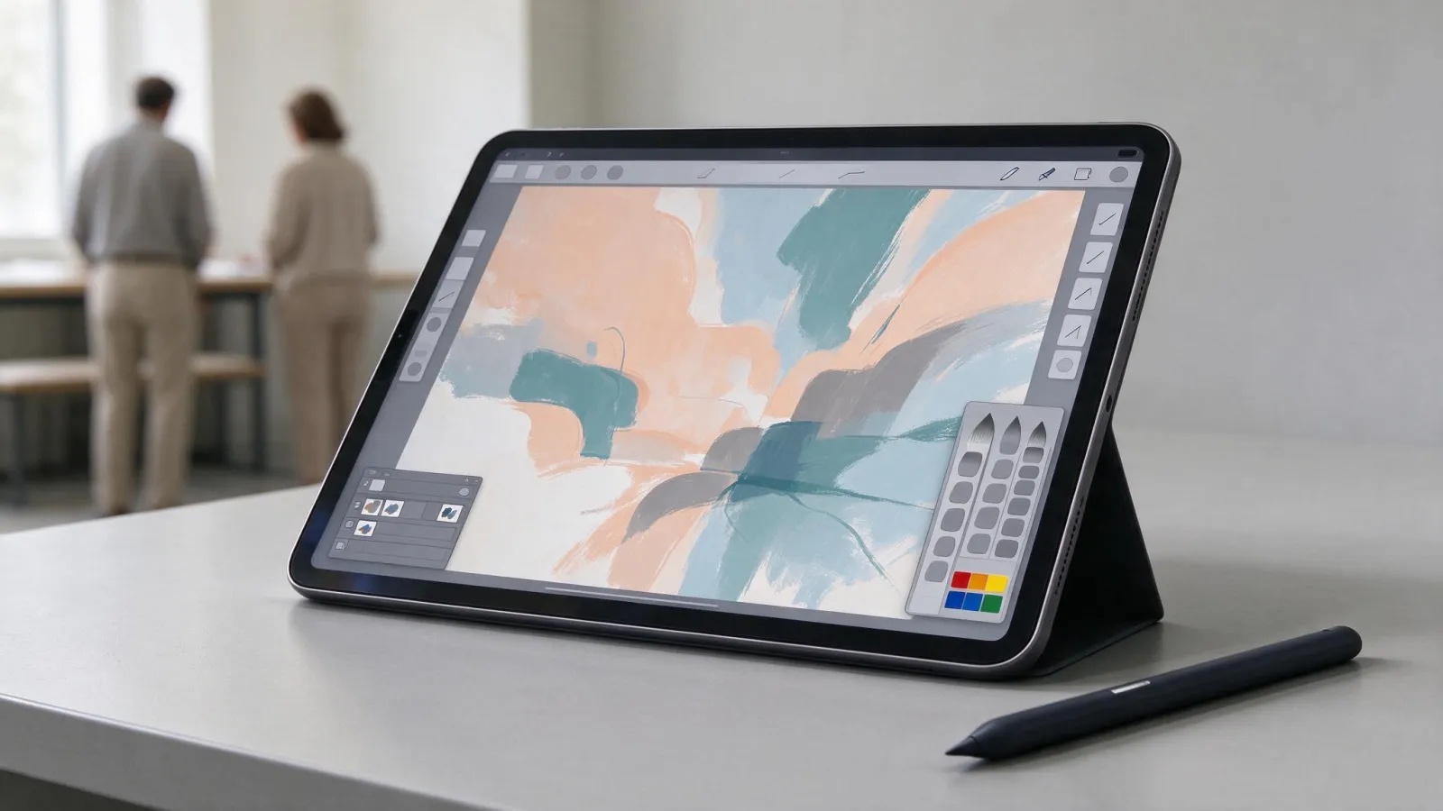 Ảnh minh hoạ Procreate: ảnh chụp màn hình giao diện Procreate (từ trang chính thức) với thanh cọ, layer, thanh trượt kích thước và độ mờ được