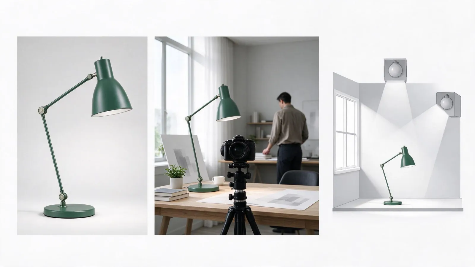 Ảnh minh hoạ Chụp ảnh sản phẩm (product photography): một sản phẩm chụp packshot nền trắng và chụp lifestyle, kèm sơ đồ đặt đèn đơn giản