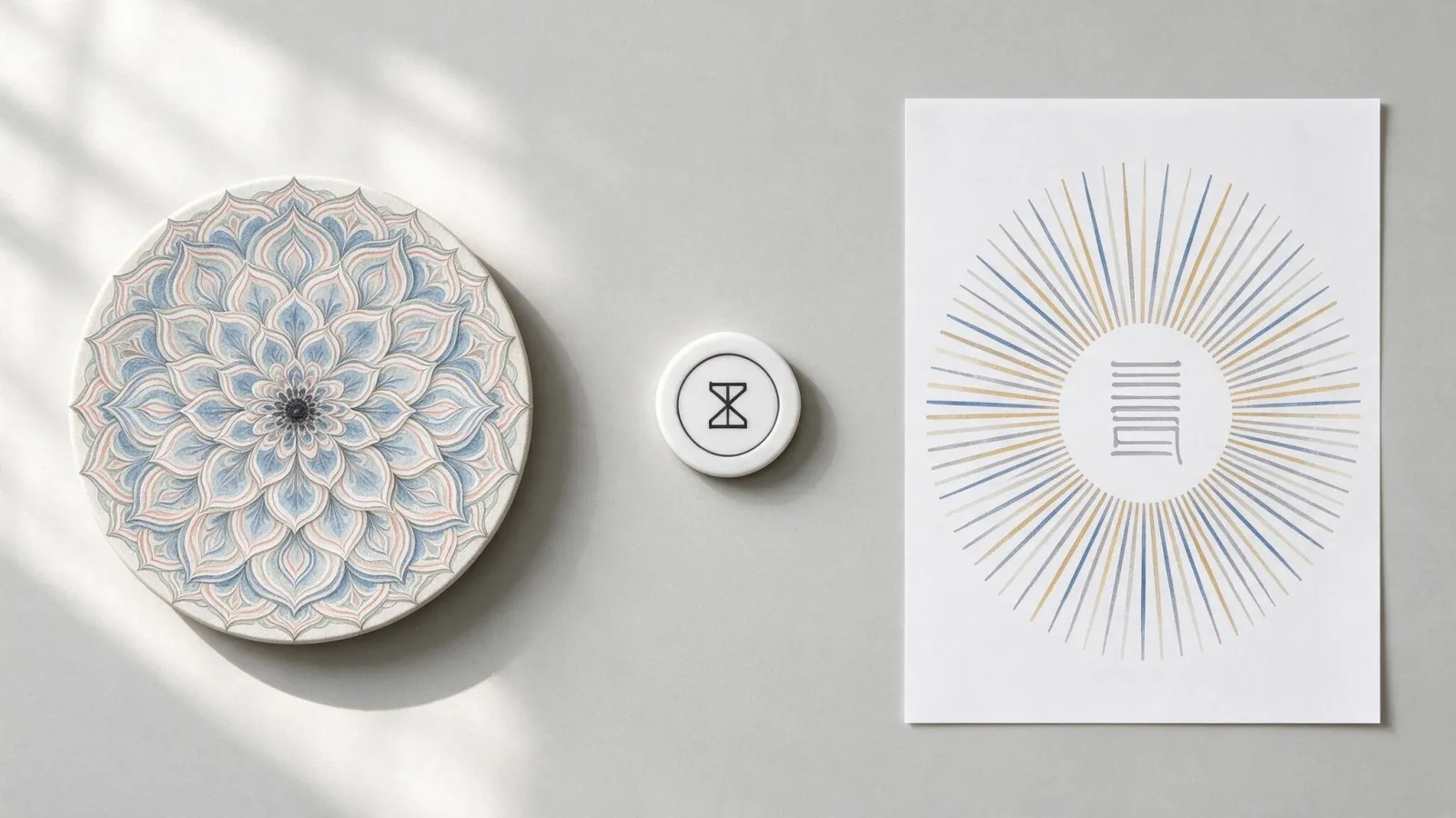 Ảnh minh hoạ Cân bằng xuyên tâm (radial balance): ba ví dụ cân bằng xuyên tâm: một mandala, một logo dạng con dấu tròn và một poster sunburst với tiêu đề ở tâm