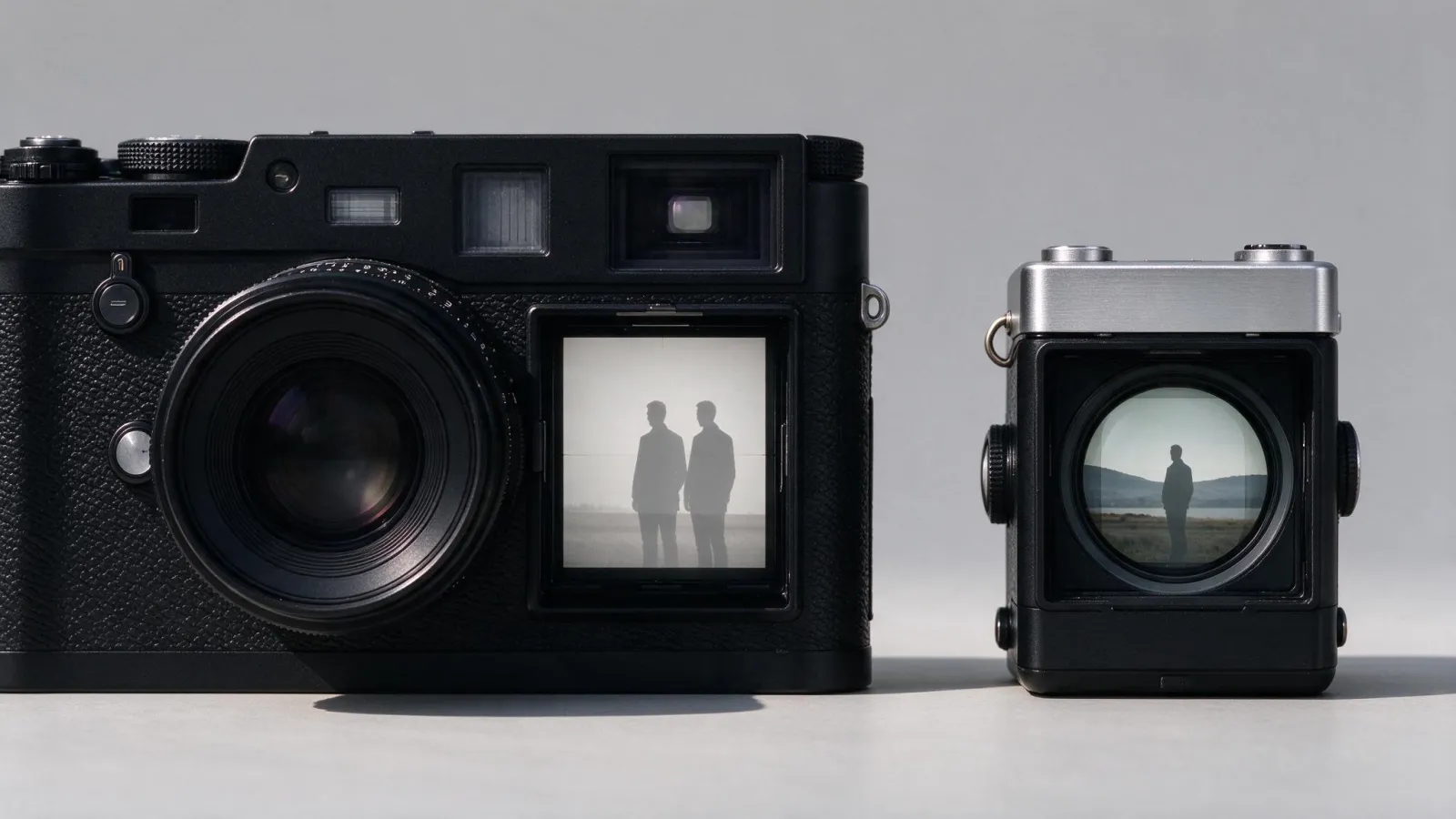 Ảnh minh hoạ Máy ảnh rangefinder (máy đo khoảng cách): sơ đồ kính ngắm rangefinder với hai hình chồng nhau ở ô giữa, trước và sau khi lấy nét đúng