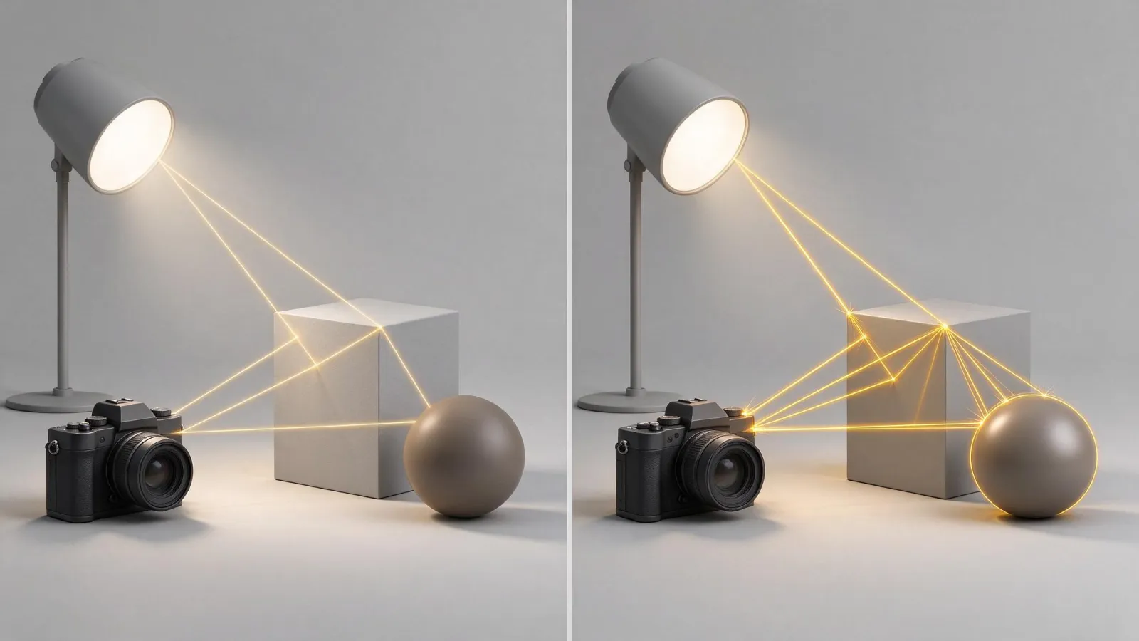 Ảnh minh hoạ Dò tia (ray tracing, path tracing): sơ đồ tia đi từ camera chạm vật, nảy và tới đèn, và cùng cảnh render ít mẫu (nhiễu) và nhiều mẫu
