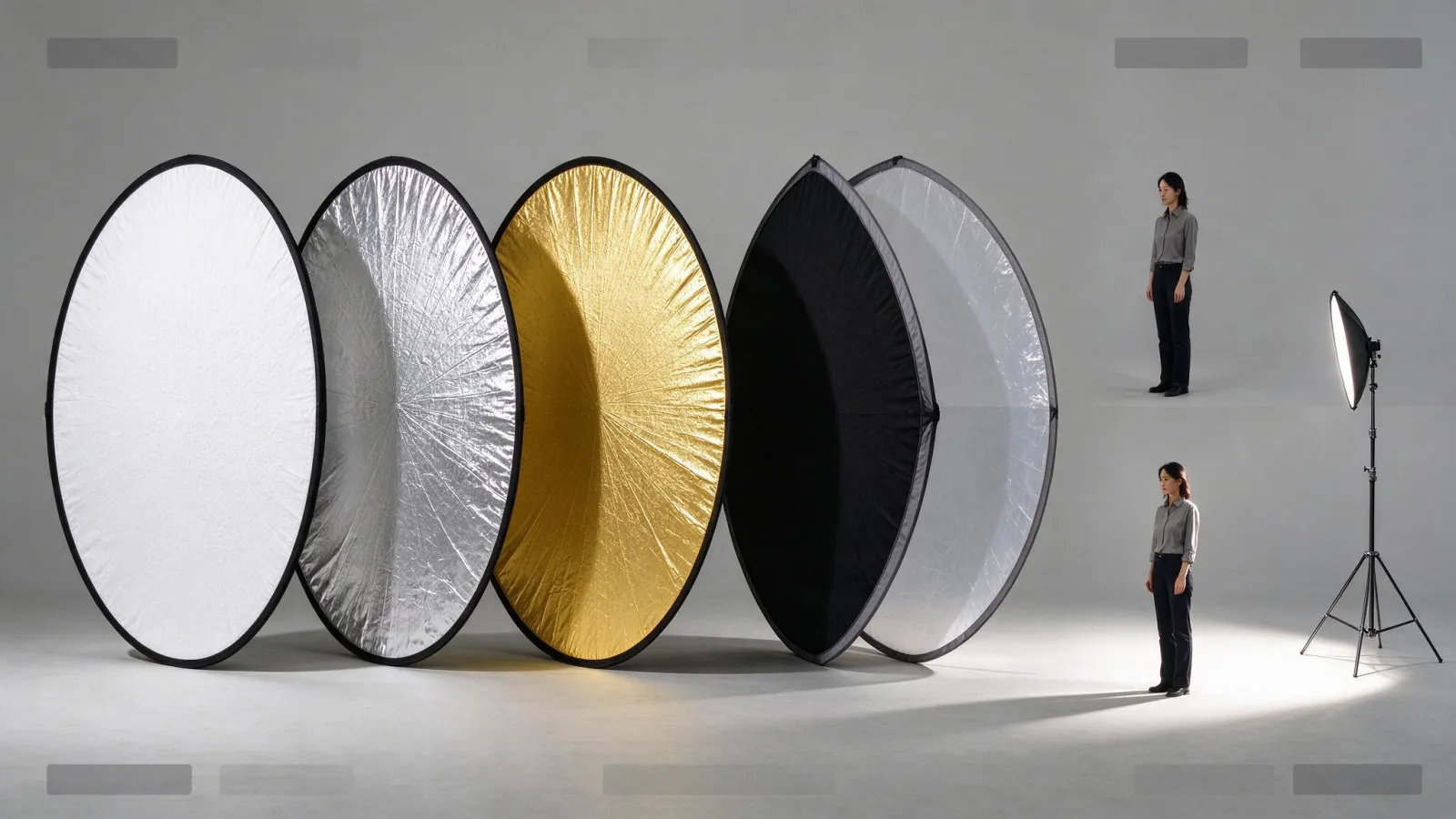 Ảnh minh hoạ Tấm hắt sáng (reflector): tấm hắt 5 trong 1 mở ra năm mặt (trắng, bạc, vàng, đen, mờ), kèm ảnh chân dung trước và sau khi hắt sáng