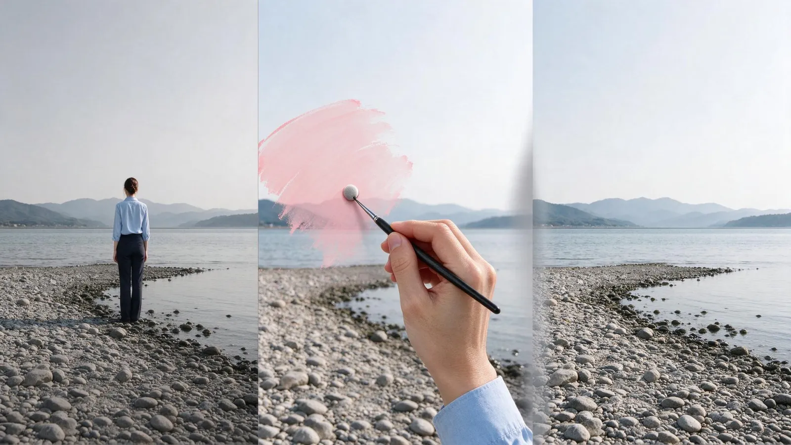 Ảnh minh hoạ Remove Tool (Photoshop): ảnh phong cảnh có người thừa, nét tô hồng của Remove Tool, và kết quả
