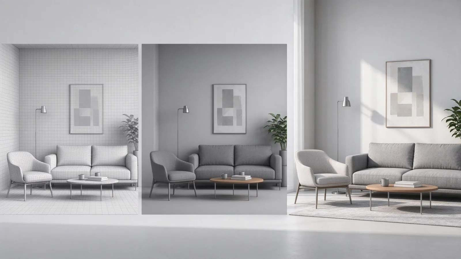 Ảnh minh hoạ Render: cùng một cảnh 3D ở dạng khung lưới, dạng xem nhanh trong viewport và bản render hoàn chỉnh