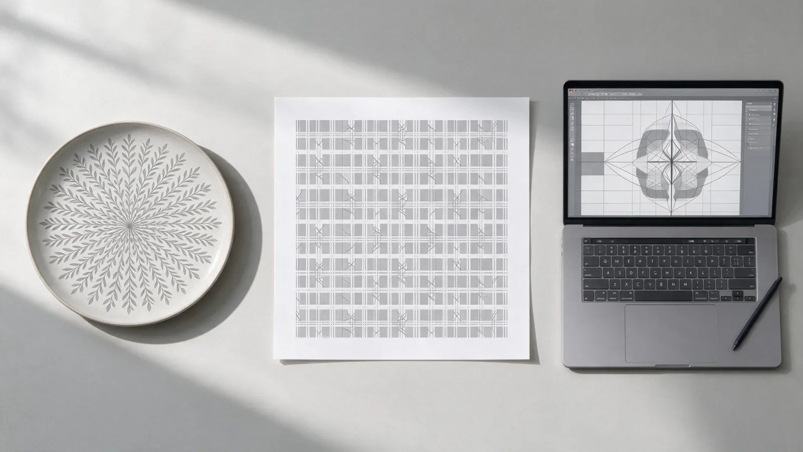 Ảnh minh hoạ Repeat (Illustrator): ba ví dụ Repeat: hoa văn tròn Radial, hoạ tiết Grid, logo Mirror