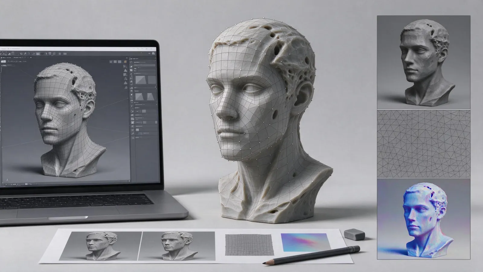 Ảnh minh hoạ Retopology (dựng lại lưới): mô hình điêu khắc dày đặc, lưới retopology sạch bám bên trên, và kết quả có normal map