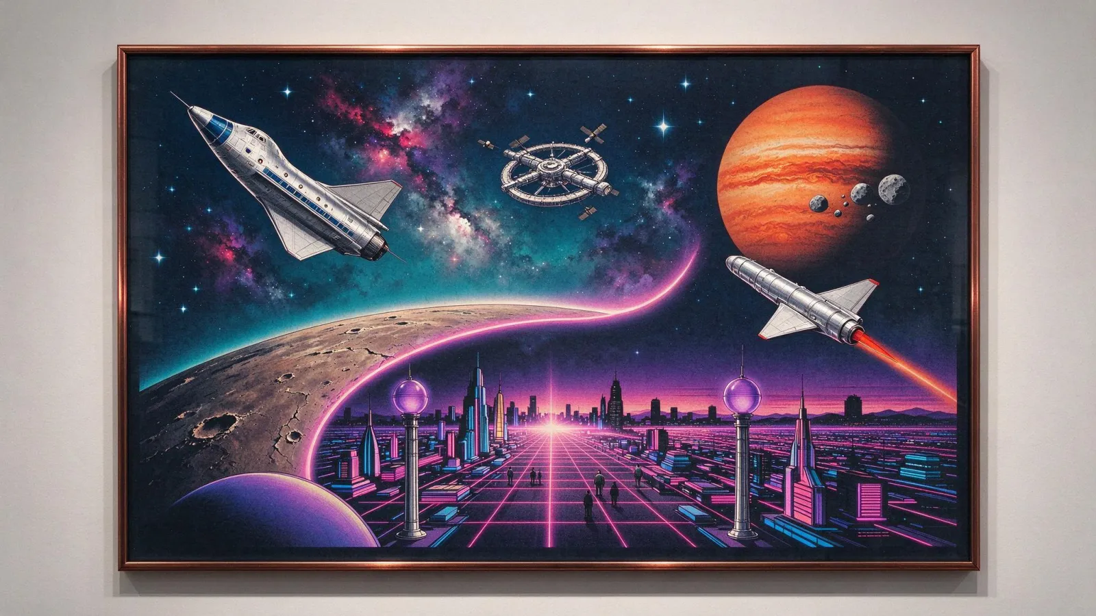 Ảnh minh hoạ Retrofuturism (tương lai kiểu cổ điển): một poster du hành vũ trụ phong cách thập niên 50 và một ảnh synthwave thập niên 80, tự thiết kế