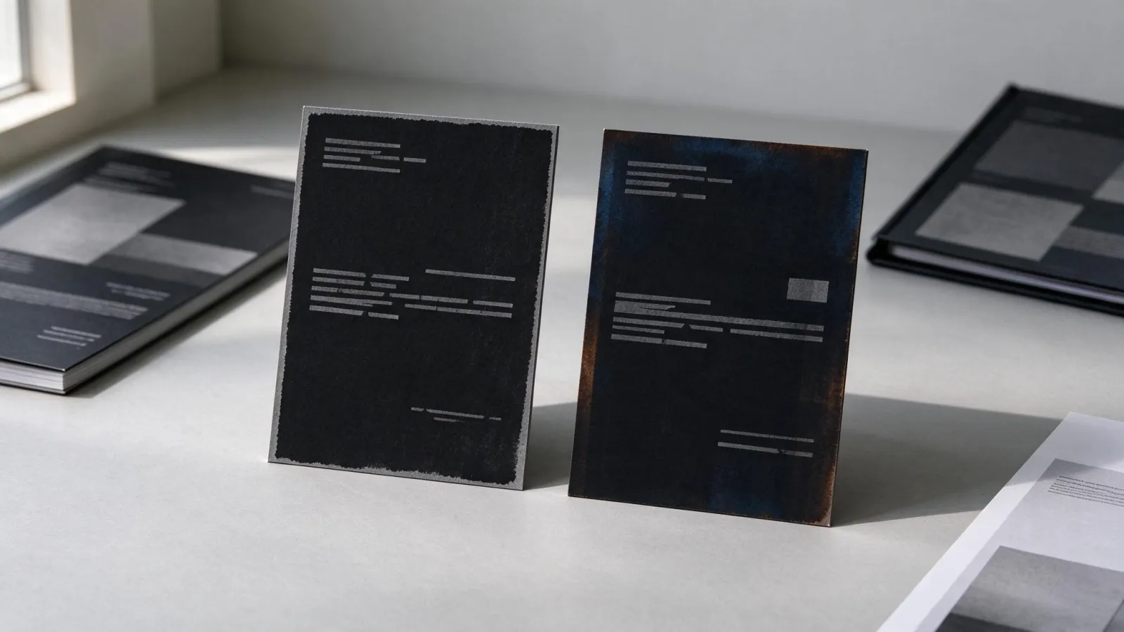 Ảnh minh hoạ Đen nhiều màu (rich black): hai mảng đen in cạnh nhau: K100 và rich black, kèm phóng to chữ nhỏ bị lệch màu khi dùng đen bốn màu