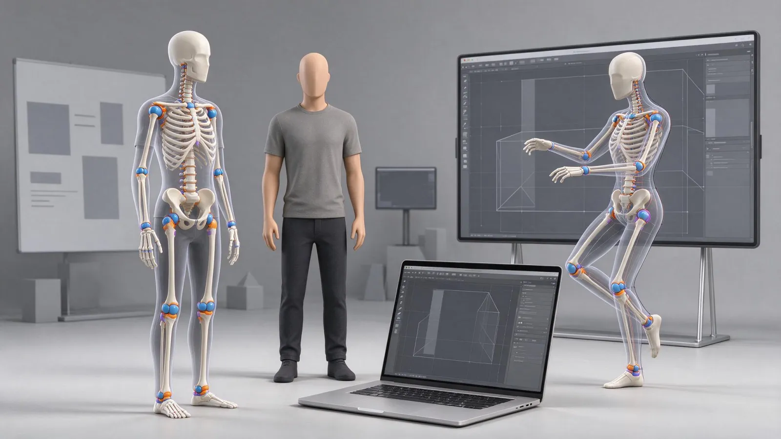 Ảnh minh hoạ Rigging (dựng khung xương): một nhân vật 3D đơn giản với khung xương hiện ra, và cùng nhân vật ở hai tư thế khác nhau