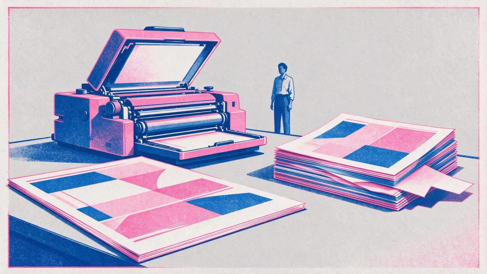 Ảnh minh hoạ In Risograph (riso): một poster in riso hai màu (hồng và xanh) tự thiết kế với các lớp tách màu và độ lệch nhẹ