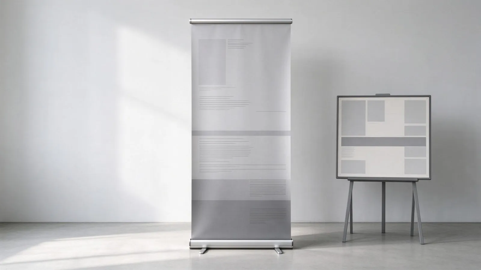Ảnh minh hoạ Roll-up (standee cuốn): một roll-up dựng lên và sơ đồ bố cục có đánh dấu vùng bị hộp cuốn che và vùng ngang tầm mắt