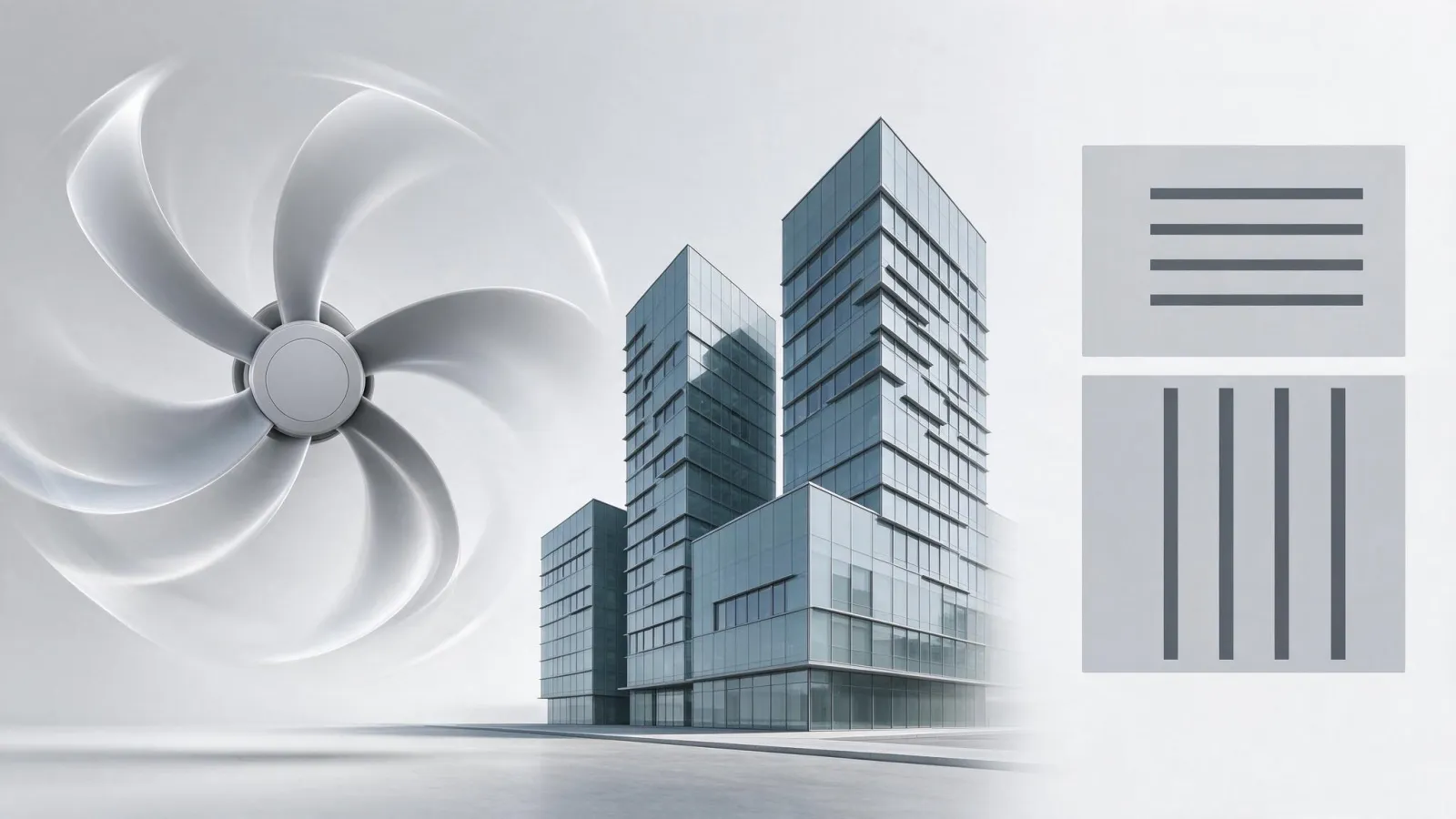 Ảnh minh hoạ Hiệu ứng rolling shutter (méo thạch): ảnh minh hoạ cánh quạt bị cong và toà nhà bị nghiêng do rolling shutter, cạnh sơ đồ cảm biến đọc từng dòng
