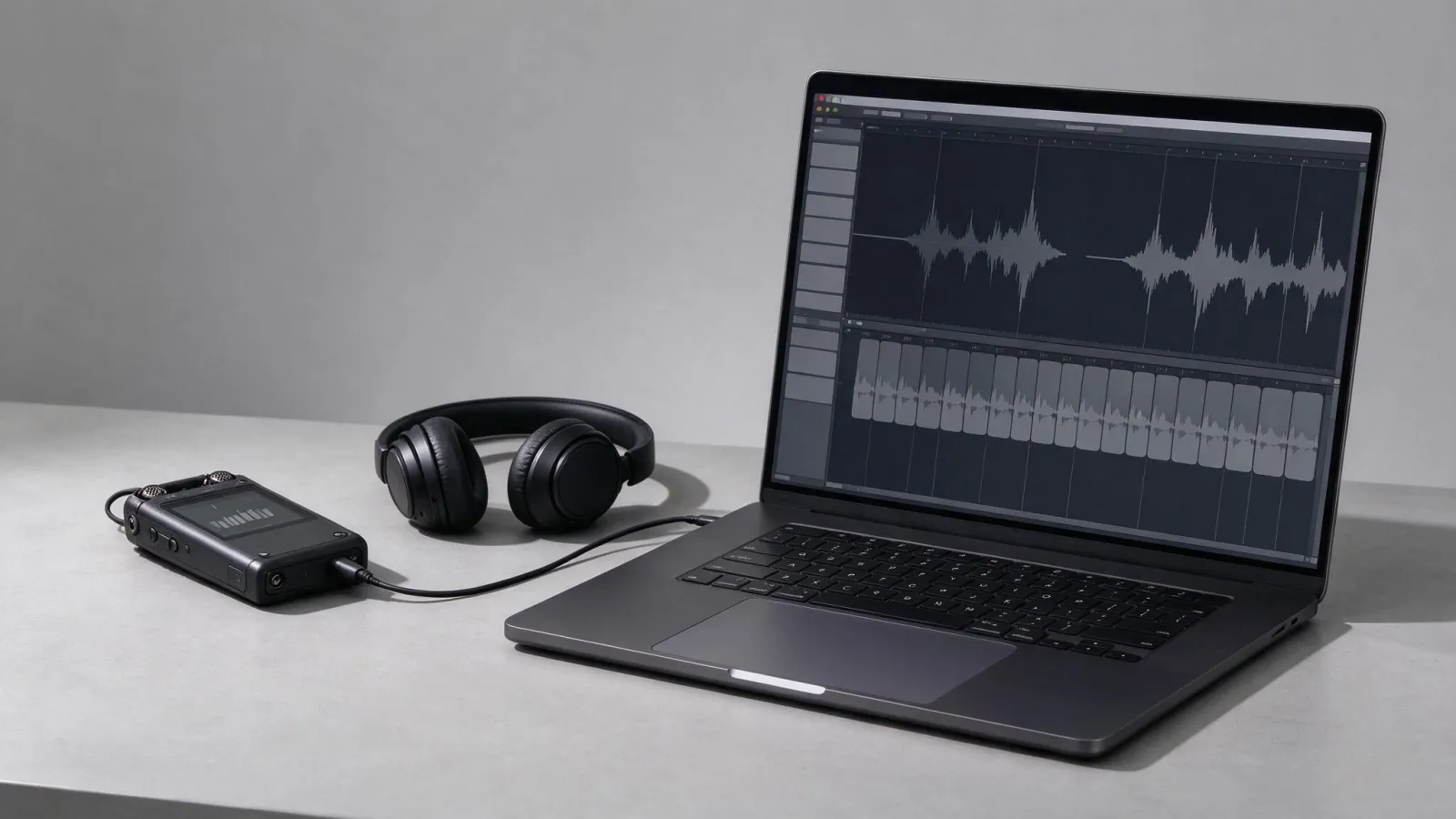 Ảnh minh hoạ Tiếng nền phòng (room tone): sơ đồ track thoại có khoảng trống sau khi cắt, bên dưới track room tone lấp đầy liên tục
