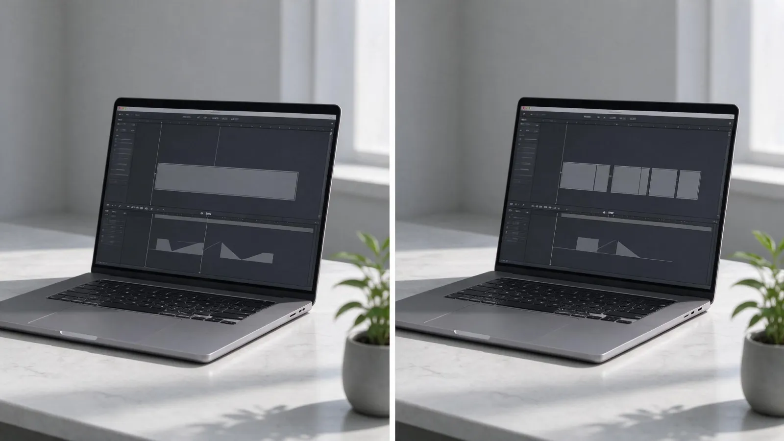 Ảnh minh hoạ Scene Edit Detection (tự dò điểm cắt): timeline Premiere có một clip dài trước và sau Scene Edit Detection, sau khi chạy được chia thành nhiều đoạn theo cảnh