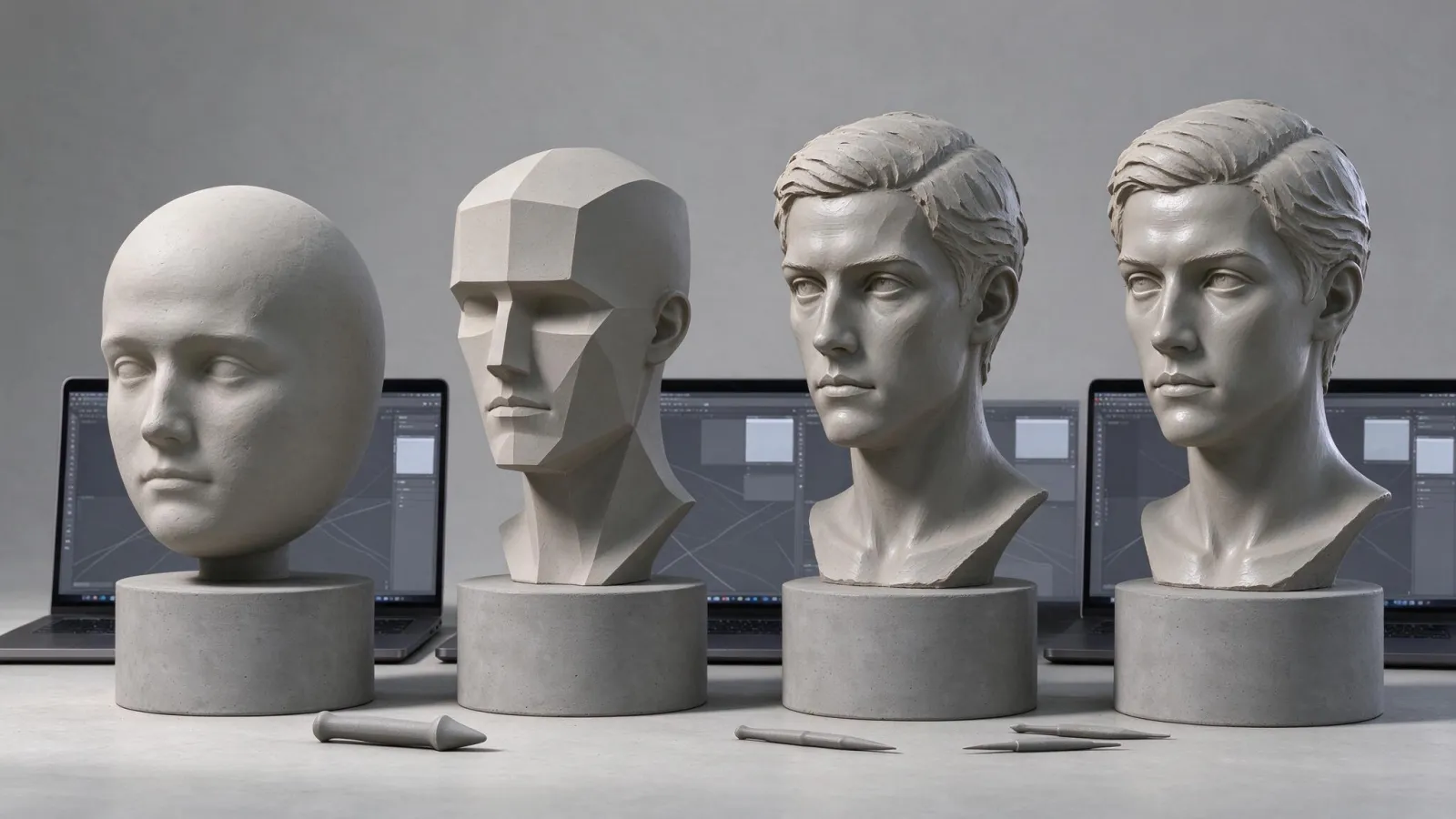 Ảnh minh hoạ Điêu khắc số (digital sculpting): một đầu nhân vật điêu khắc từ khối cầu qua 4 giai đoạn: khối lớn, hình khối, chi tiết, bề mặt