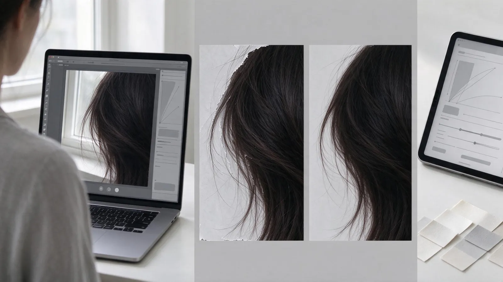 Ảnh minh hoạ Select and Mask (tinh chỉnh vùng chọn): cận cảnh tóc trước và sau khi dùng Refine Hair trong Select and Mask, kèm ảnh chụp bảng thông số