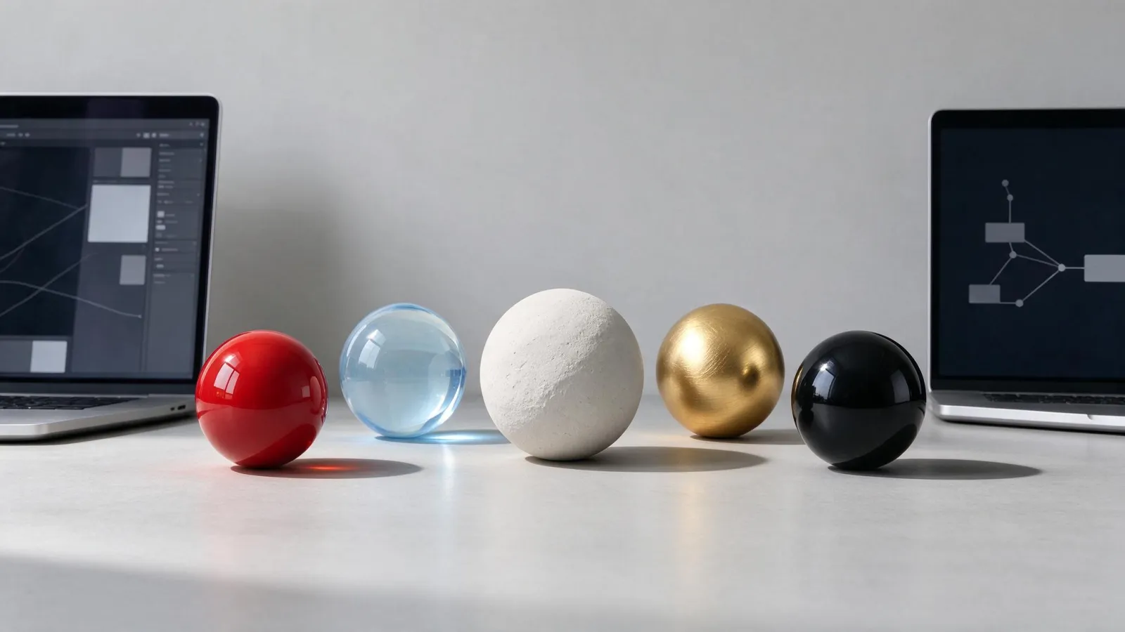 Ảnh minh hoạ Shader: năm quả cầu minh hoạ năm shader cơ bản, kèm node Principled BSDF