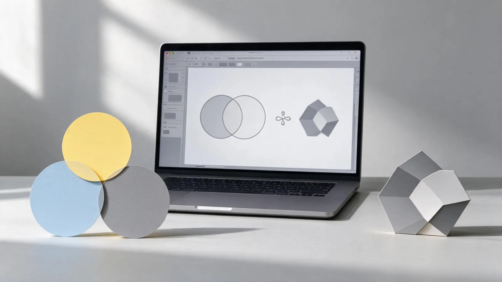 Ảnh minh hoạ Shape Builder Tool (Illustrator): ba hình tròn chồng nhau và kết quả dựng thành một biểu tượng bằng Shape Builder