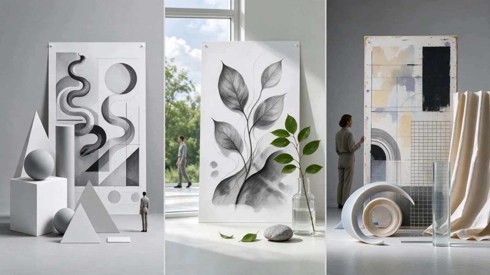 Ảnh minh hoạ Hình (shape) trong thiết kế: ba nhóm hình: hình học, tự nhiên, trừu tượng, mỗi nhóm kèm một ví dụ logo hoặc poster dùng nhóm hình đó làm chủ đạo