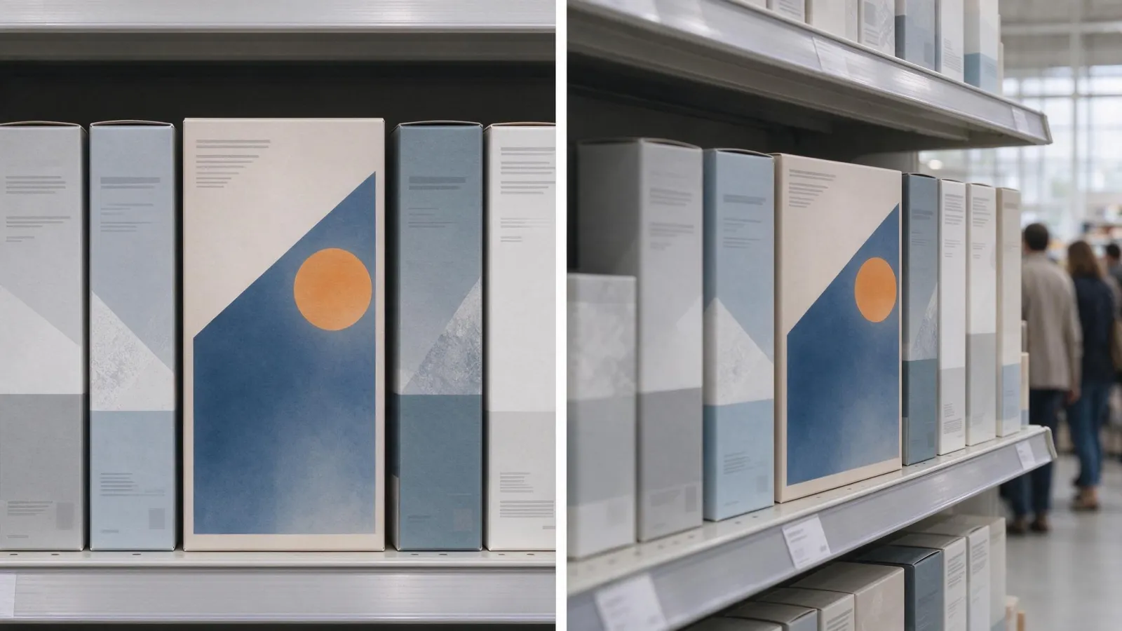 Ảnh minh hoạ Sức hút trên kệ (shelf impact): mockup kệ siêu thị với một hàng sản phẩm đối thủ và bao bì đang thiết kế, cả bản nhìn gần và bản làm mờ để kiểm tra độ nổi bật từ xa