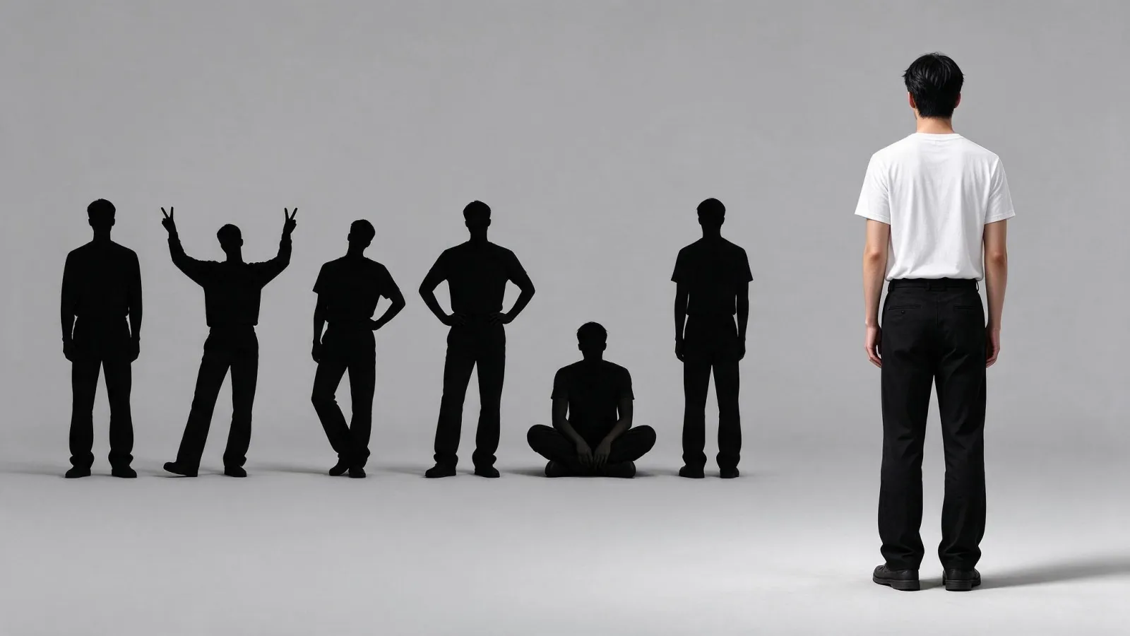 Ảnh minh hoạ Silhouette (hình bóng): hàng 6 silhouette nhân vật khác nhau tô đen và một nhân vật hoàn chỉnh từ silhouette được chọn