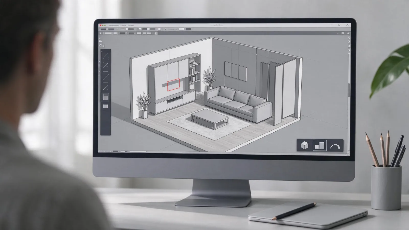 Ảnh minh hoạ SketchUp: ảnh chụp màn hình SketchUp (từ trang chính thức) với một phòng khách đang dựng và công cụ Push/Pull