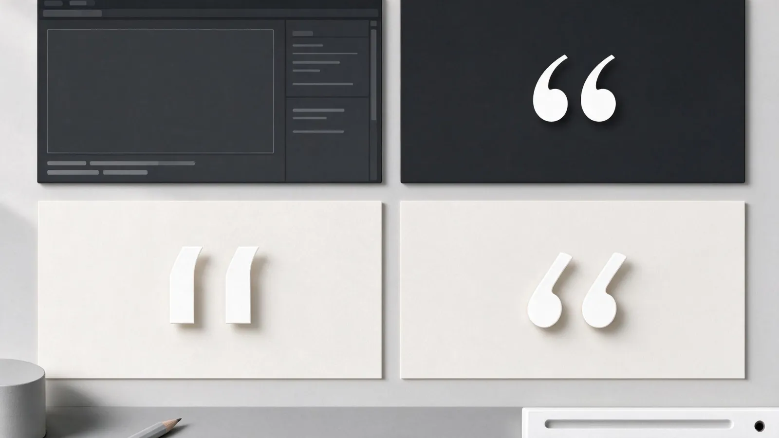 Ảnh minh hoạ Dấu ngoặc kép cong (smart quotes): so sánh câu trích dẫn dùng dấu ngoặc thẳng và dấu ngoặc cong ở cỡ tiêu đề, kèm ảnh chụp tuỳ chọn Use Typographer's Quotes trong InDesign
