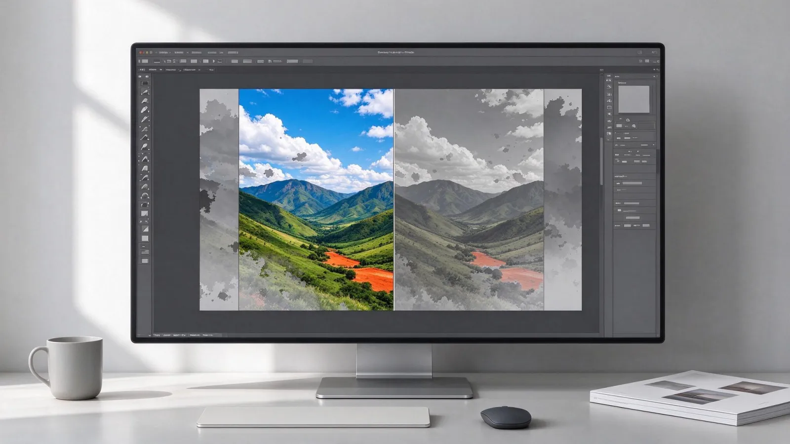 Ảnh minh hoạ Soft proof (xem thử màu in trên màn hình): ảnh chụp màn hình Photoshop: một ảnh màu rực trước và khi bật Proof Colors, cùng Gamut Warning tô xám vùng ngoài dải