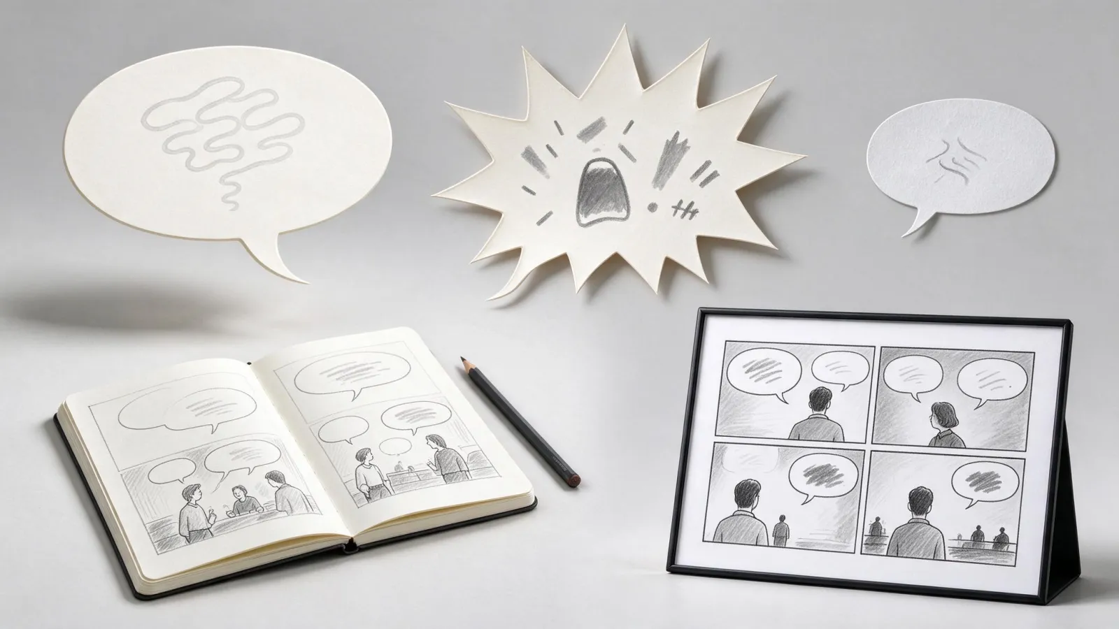 Ảnh minh hoạ Bóng thoại (speech bubble): bộ 5 kiểu bóng thoại, nghĩ, hét, thì thầm, kể chuyện) và một khung truyện có thoại