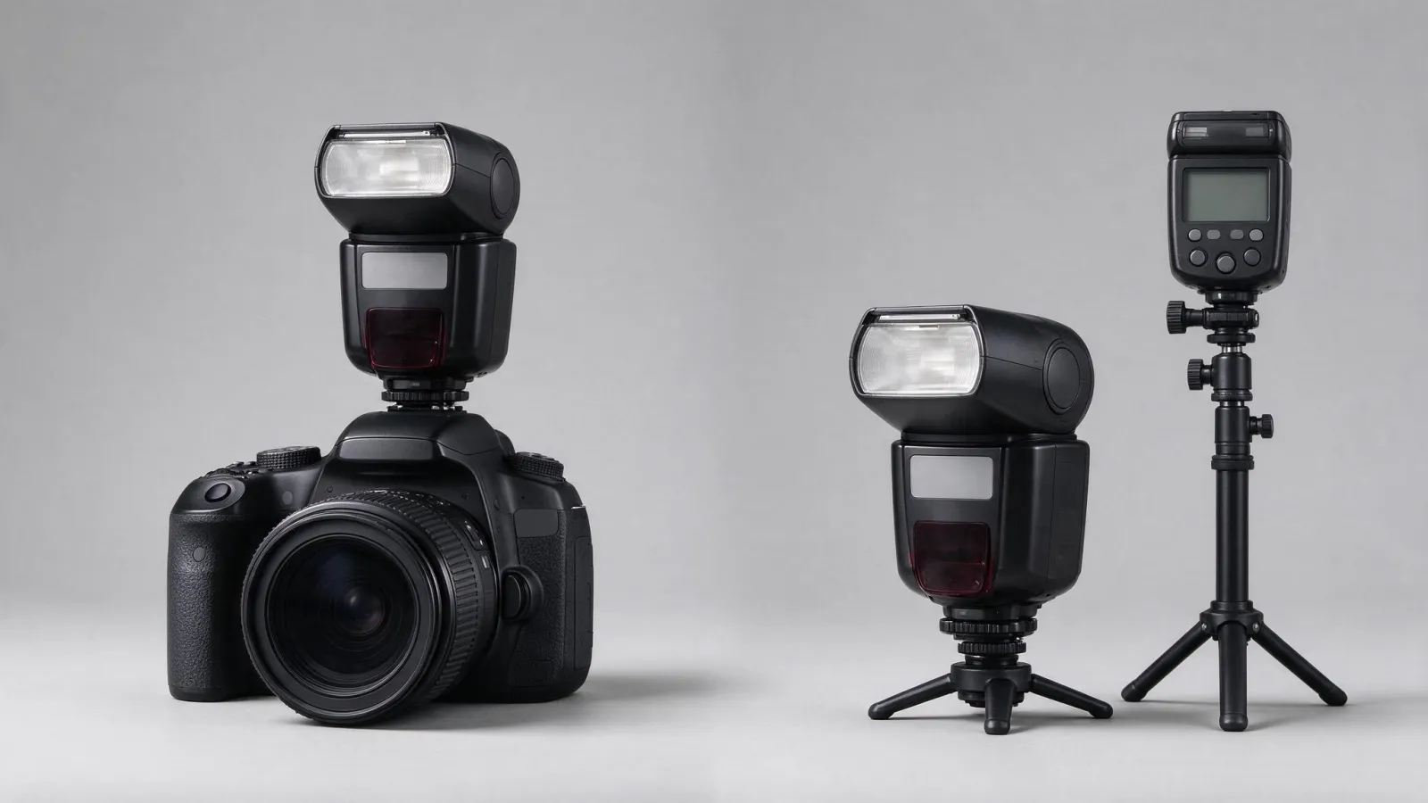 Ảnh minh hoạ Đèn flash rời (speedlight, speedlite): một đèn speedlight gắn trên máy ảnh với đầu đèn xoay lên trần, cạnh sơ đồ đặt đèn rời có bộ kích