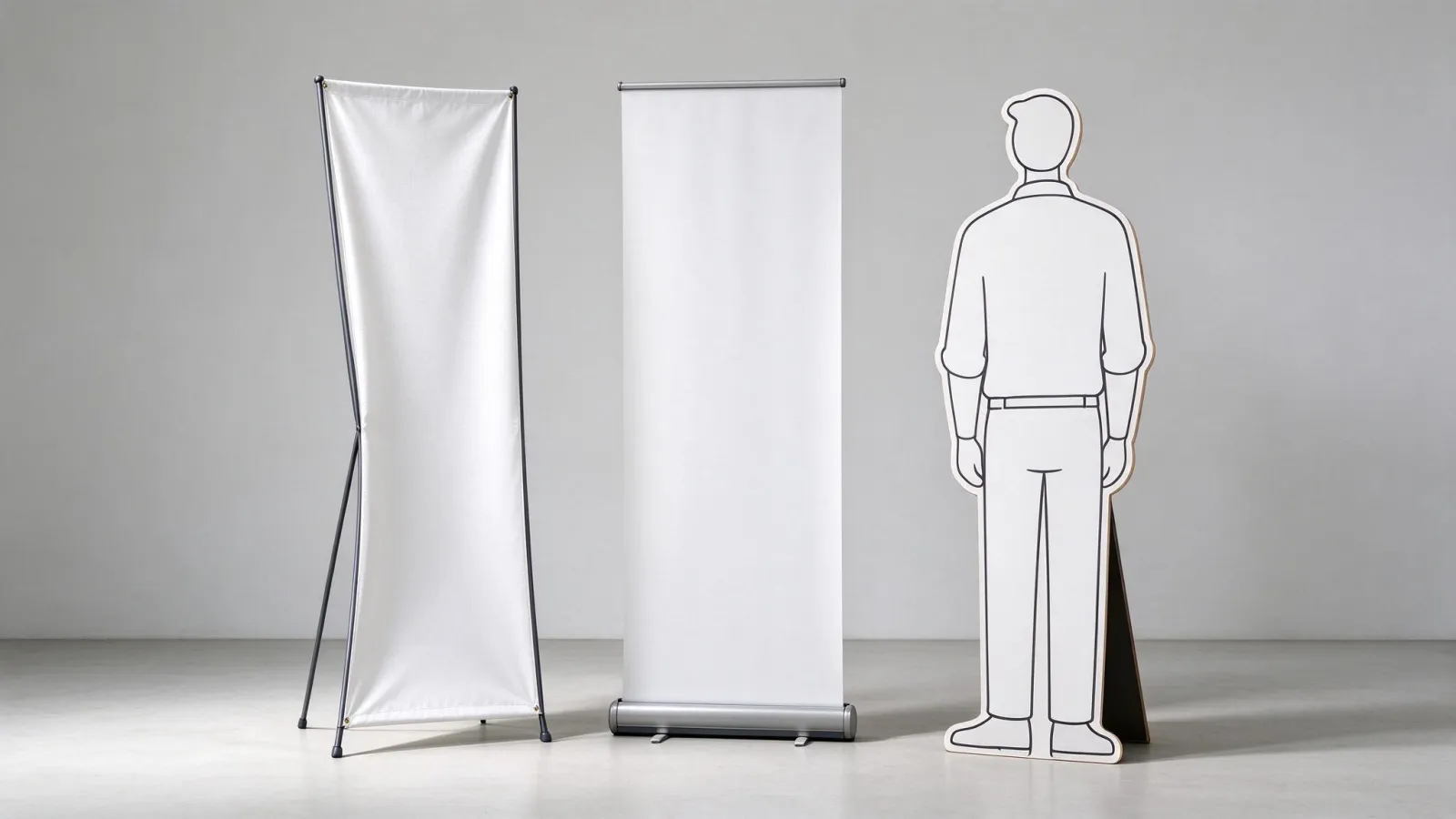 Ảnh minh hoạ Standee: ba kiểu standee đặt cạnh nhau (chữ X, cuốn, mô hình cắt hình)