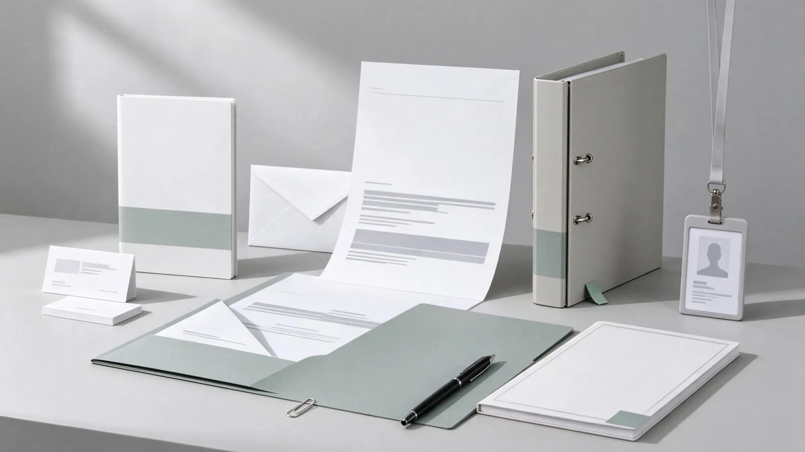Ảnh minh hoạ Bộ văn phòng phẩm (stationery): ảnh mockup bộ văn phòng phẩm hoàn chỉnh: danh thiếp, giấy tiêu đề, phong bì, kẹp file, thẻ nhân viên, cùng một thương hiệu