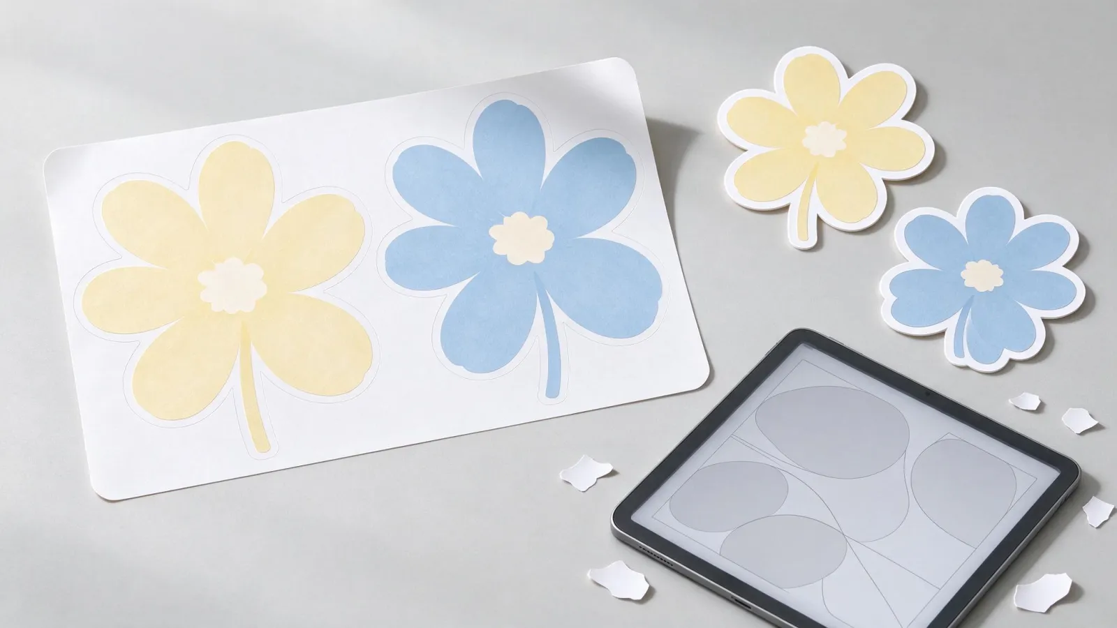 Ảnh minh hoạ Sticker: một tờ sticker kiss-cut và vài sticker die-cut có viền trắng, kèm file thiết kế hiển thị đường cắt