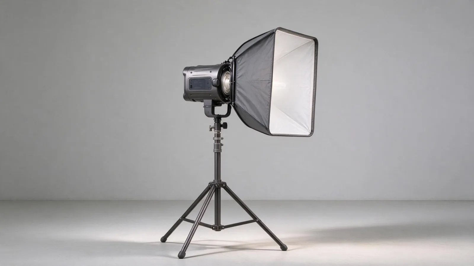 Ảnh minh hoạ Đèn flash studio (studio strobe): một đèn flash studio liền khối gắn softbox trên chân đèn, đèn mô hình, núm công suất